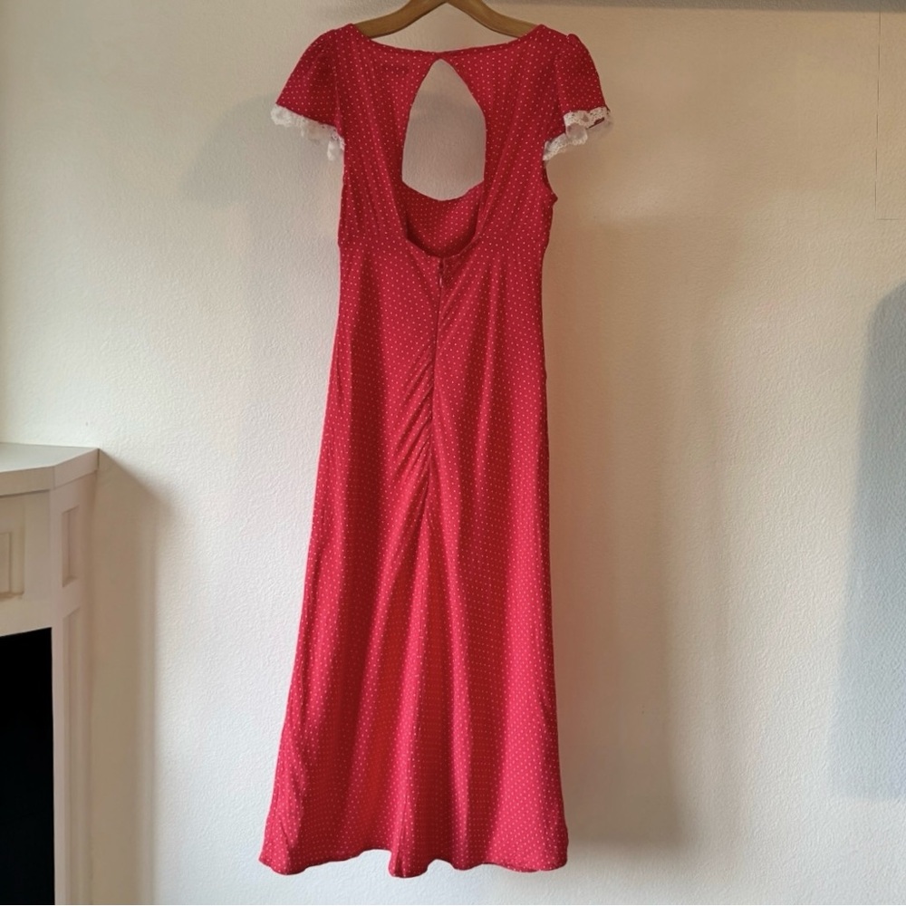 Flutter Cap Sleeve Maxi A-Line Dress | Rose Red, Dots, Lace Detail (S) - Picture 4 of 9